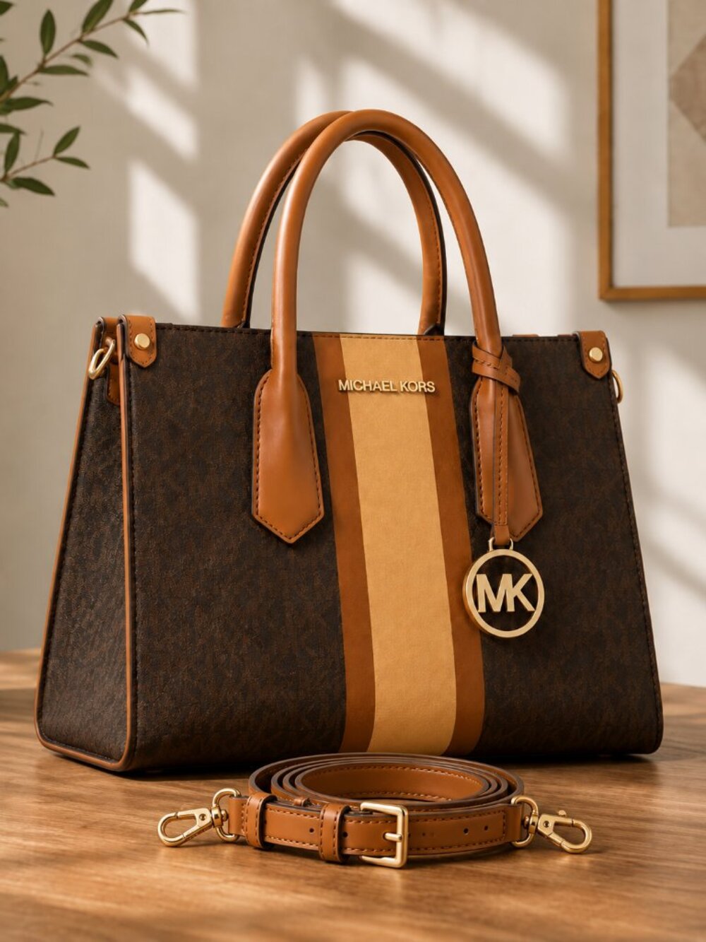 Michael Kors Signature Stripe Satchel Brown Gold Charm NWT